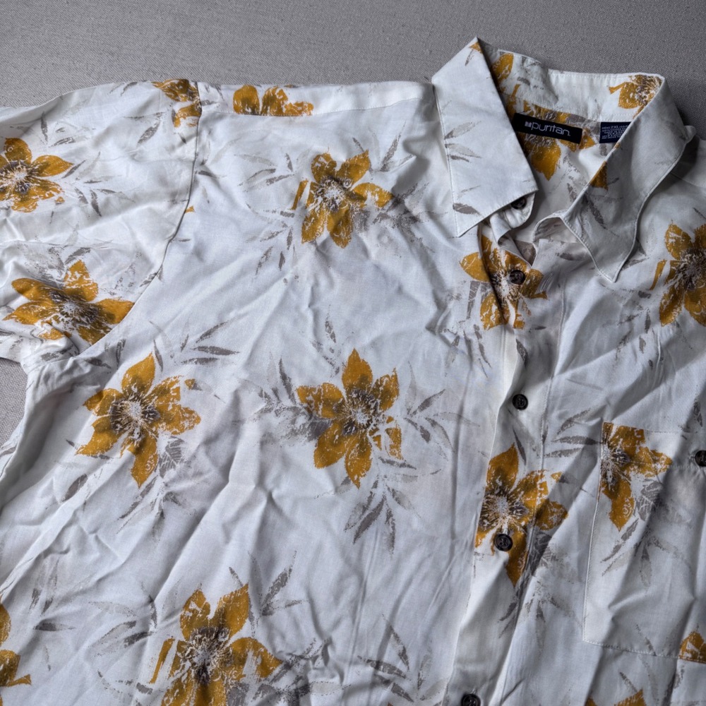 Puritan Mens 2XL Floral Button Down Shirt White Yellow Viscose Rayon Tropical